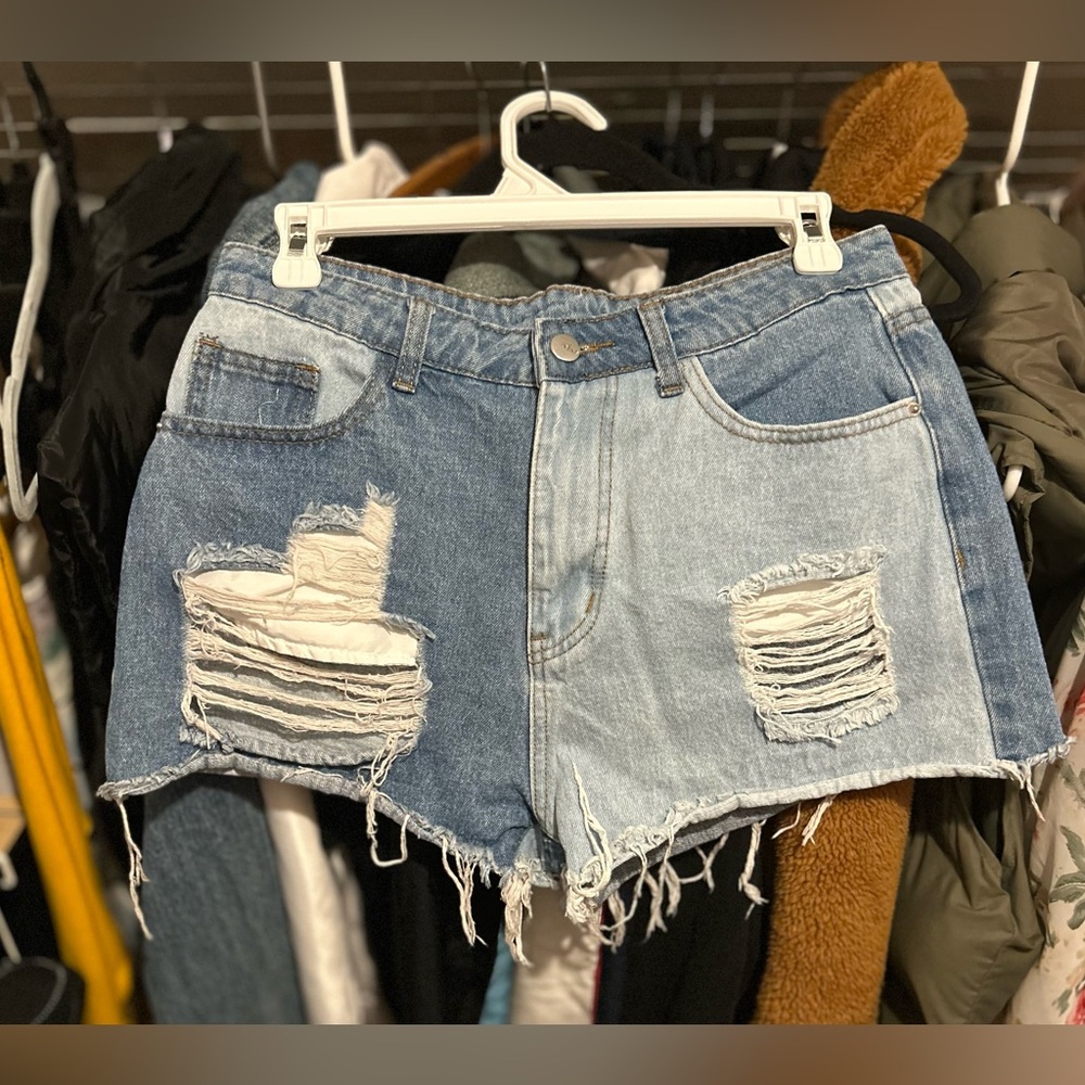 SHEIN NWOT multicolour blue distressed jean shorts